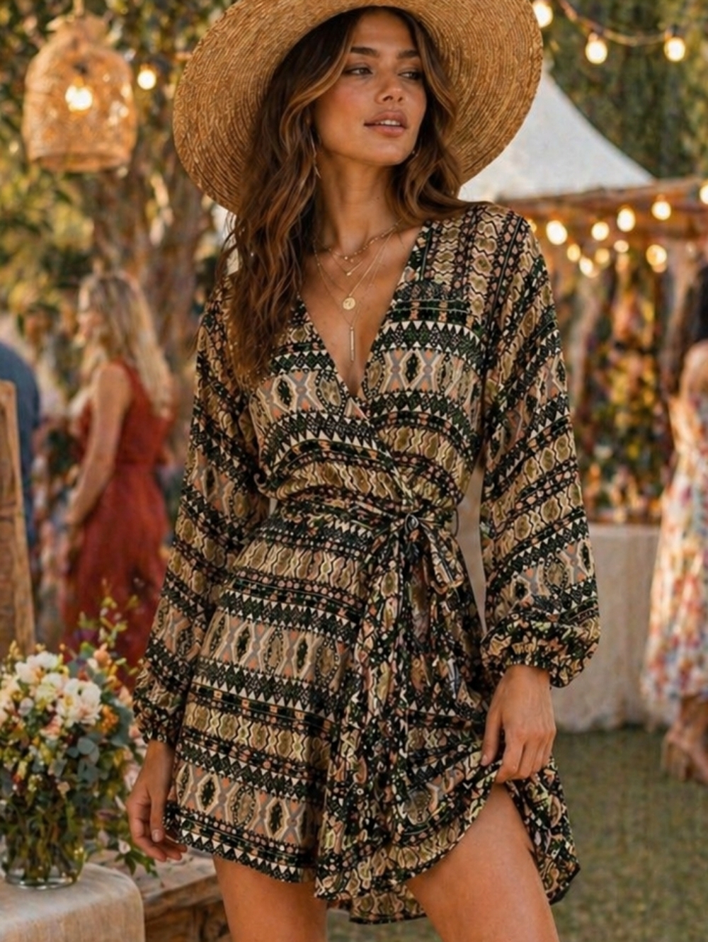 Boho Wrap Dress Mini – Green Beige Festival Summer Dress
